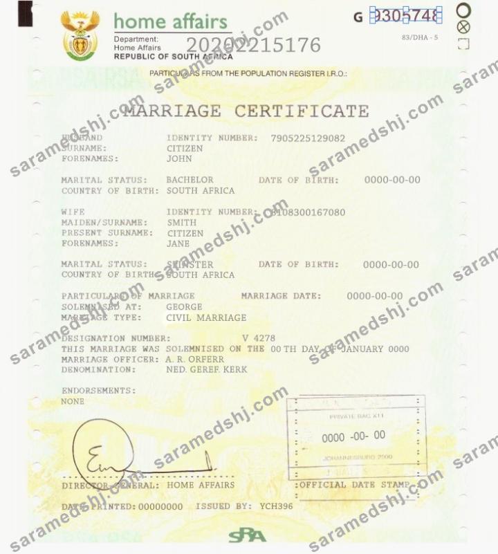 South Africa marriage certificate template in PSD format